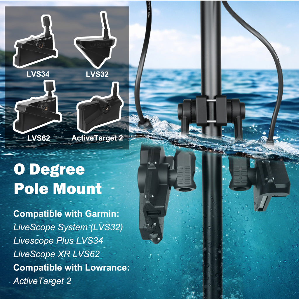 Dual Transducer Pole Mount Compatible with Garmin LiveScope LVS34 LVS32 LVS62 & Lowrance AT2, Hard-Anodized Cast Aluminum, Tool-Free 3-View Mode Adjustment Trolling Motor Bracket (Duo)