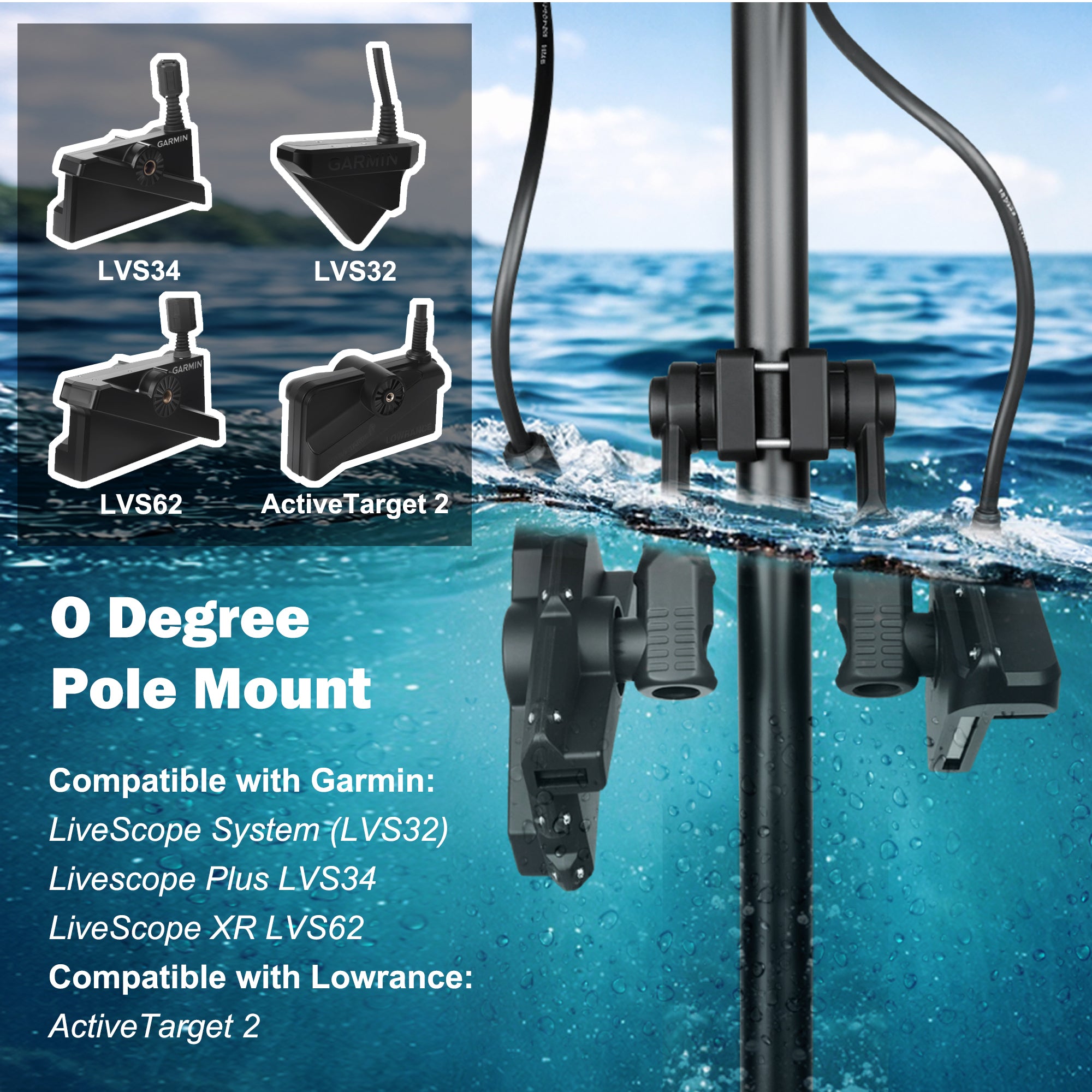Dual Transducer Pole Mount Compatible with Garmin LiveScope LVS34 LVS32 LVS62 & Lowrance AT2, Hard-Anodized Cast Aluminum, Tool-Free 3-View Mode Adjustment Trolling Motor Bracket (Duo)