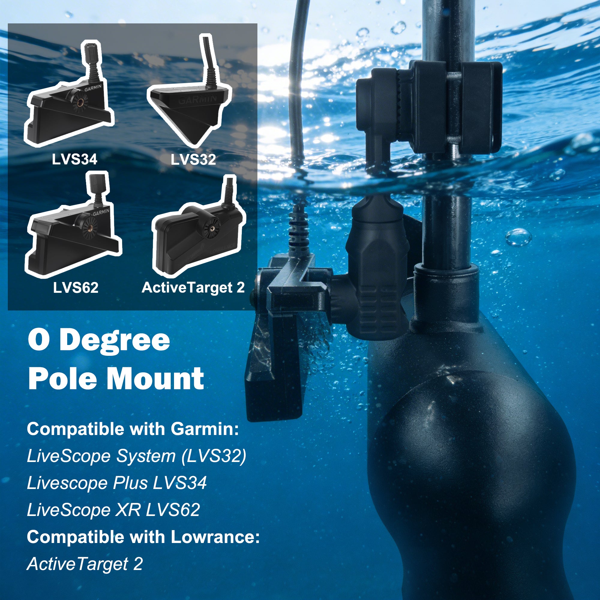 0-Degree Transducer Pole Mount Compatible with Garmin LiveScope LVS34 LVS32 LVS62 & Lowrance AT2, Hard-Anodized Cast Aluminum, Tool-Free 3-View Mode Adjustment Trolling Motor Bracket (Solo)