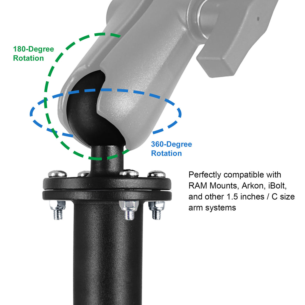 All Stainless steel 1.5" Ball Mount Base with 17" Long Arm, C Size Ball Adapter for Tablets/Fish Finders (Black)