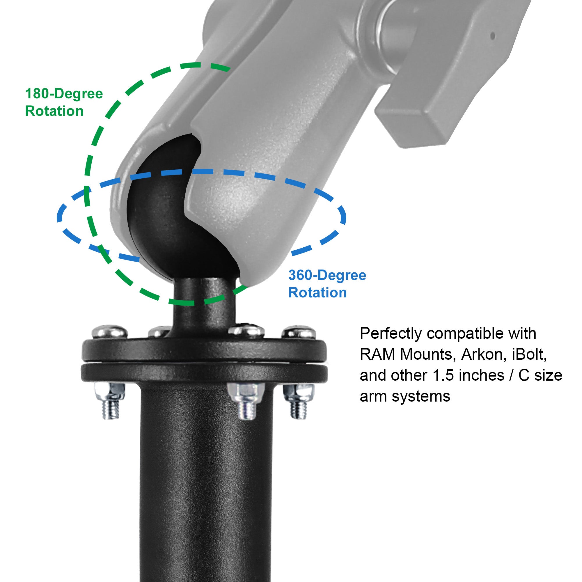 All Stainless steel 1.5" Ball Mount Base with 17" Long Arm, C Size Ball Adapter for Tablets/Fish Finders (Black)