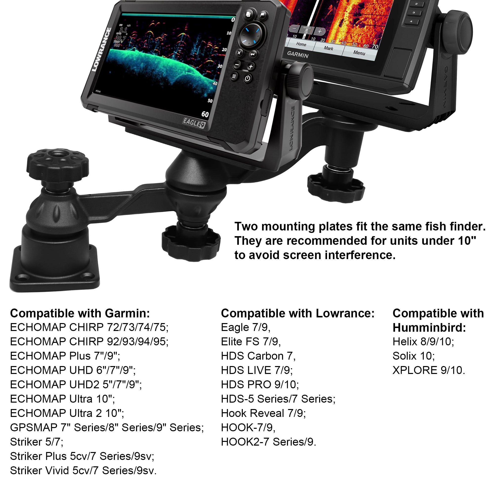 Aluminum Dual-Screen Fish Finder Mount, Marine Electronics Mount with Reinforced Dual Adjustable Arm for 5"-10" Depth Finder Display, Compatible with Garmin, Lowrance, Humminbird and More