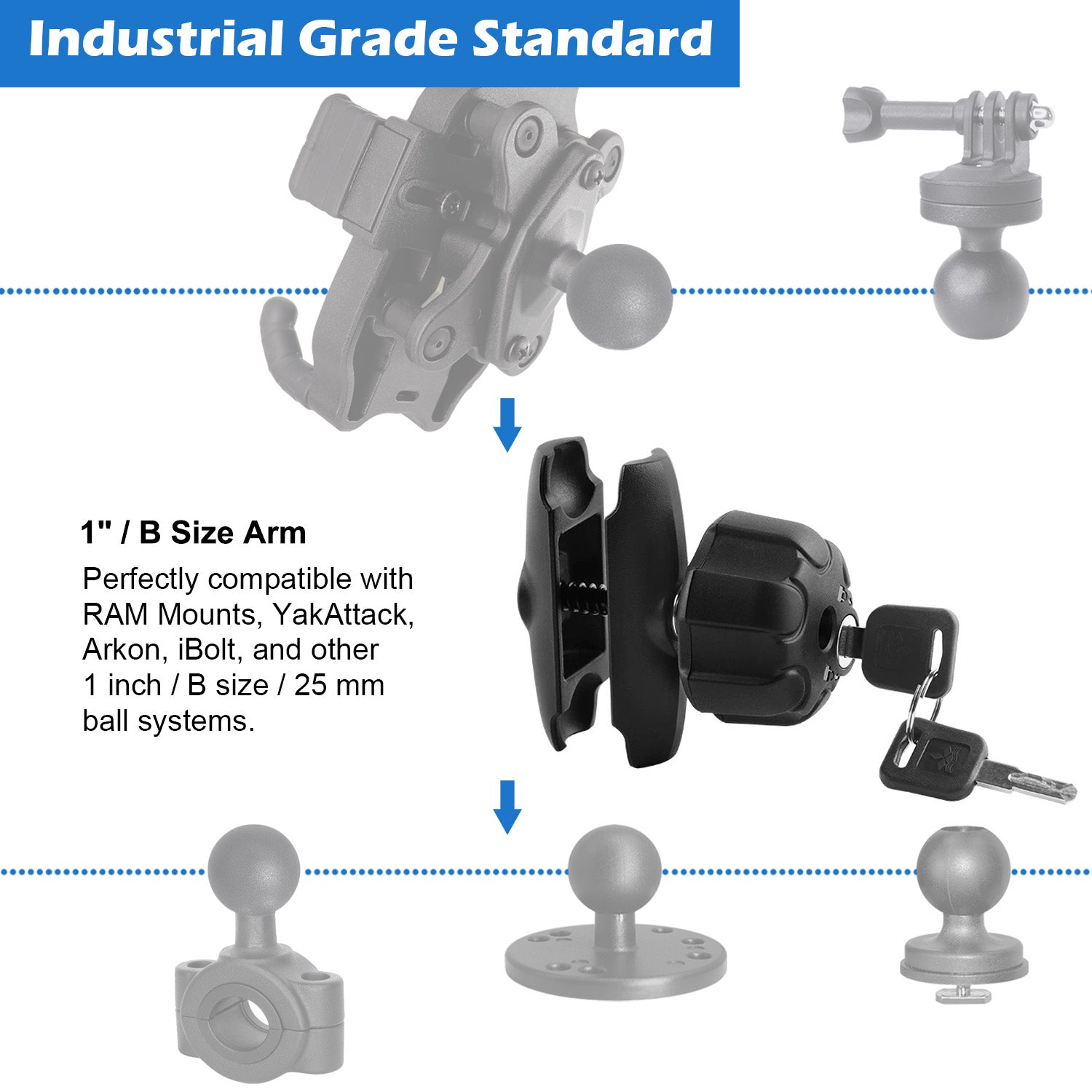 Aluminum 1 inches 3.54''(90mm) Double Socket Arm with Anti-Theft Lock, Fits 1" Ball