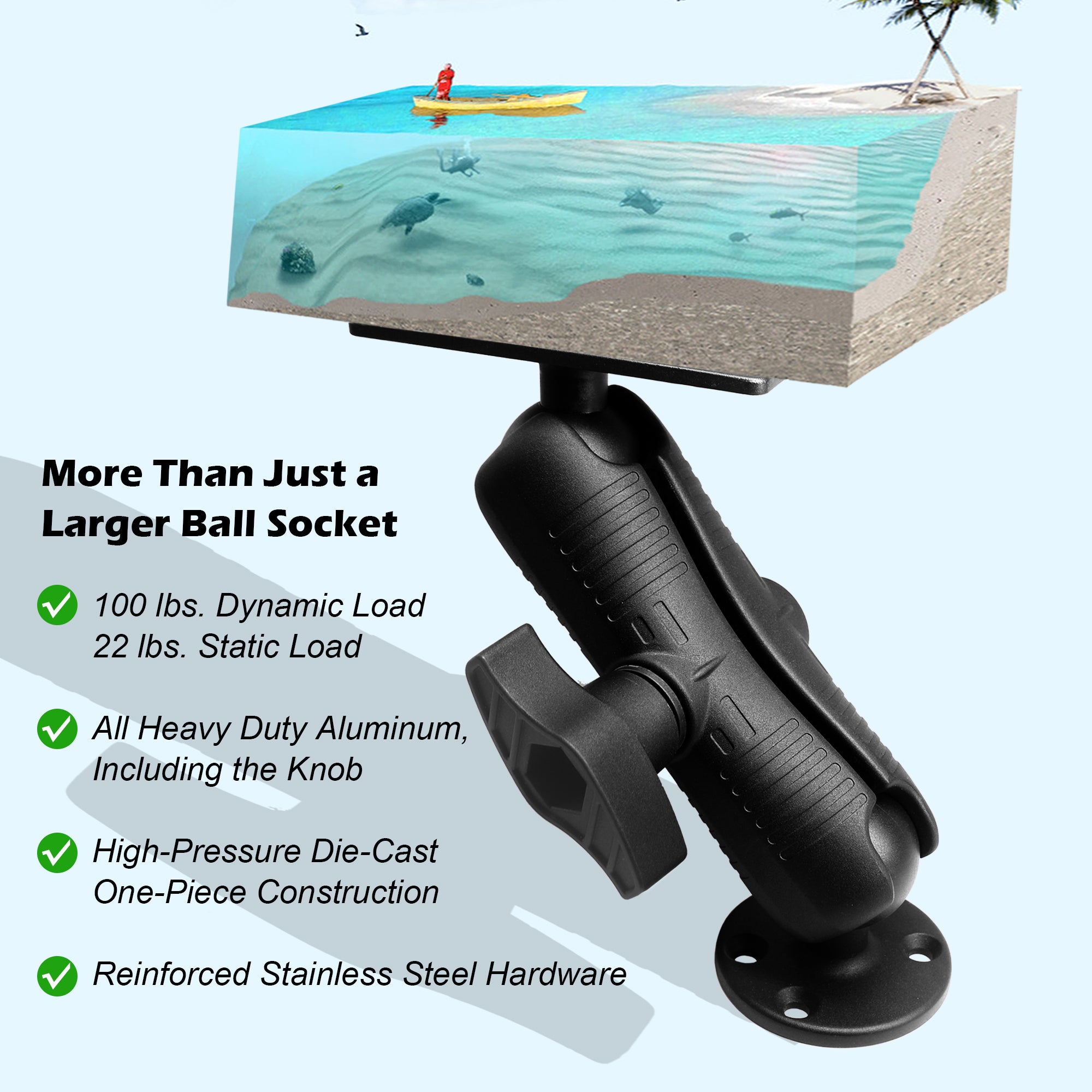 All Aluminum D Size/2.25" Ball Fish Finder Mount with wrench for 7" to 16" Large Fishfinder