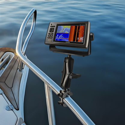 WINDFRD 1.5" Ball Aluminum Fish Finder Mount with Clamp Mount Base for Rails 1.18'' to 2'' in Diameter, Medium Arm Marine Electronic/Depth Finder Mount for Boat, Compatible with Garmin, Lowrance and More
