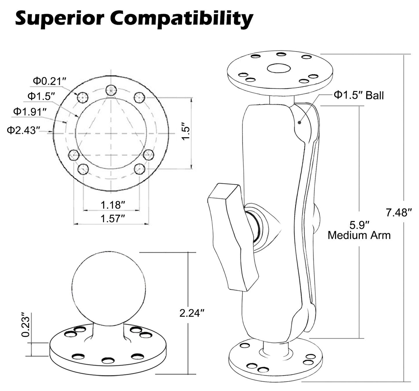 Support à double boule en aluminium de 1,5 po 