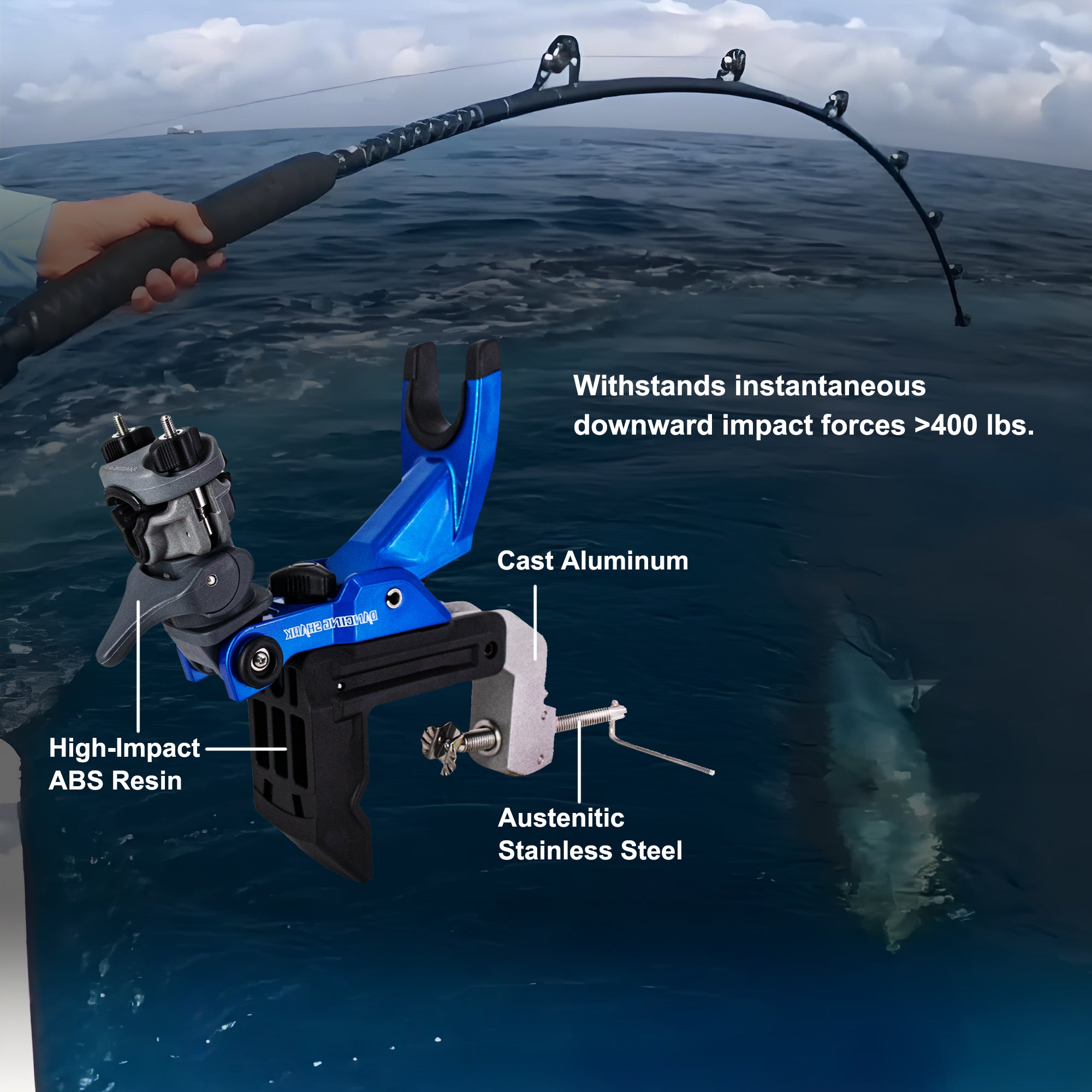 Offshore Trolling Fishing Rod Holder with Enlarge Clamp for Boat, Innovative 1S Quick Release (Blue) Offshore Trolling Fishing Rod Holder with Enlarge Clamp for Boat, Innovative 1S Quick Release (Blue)