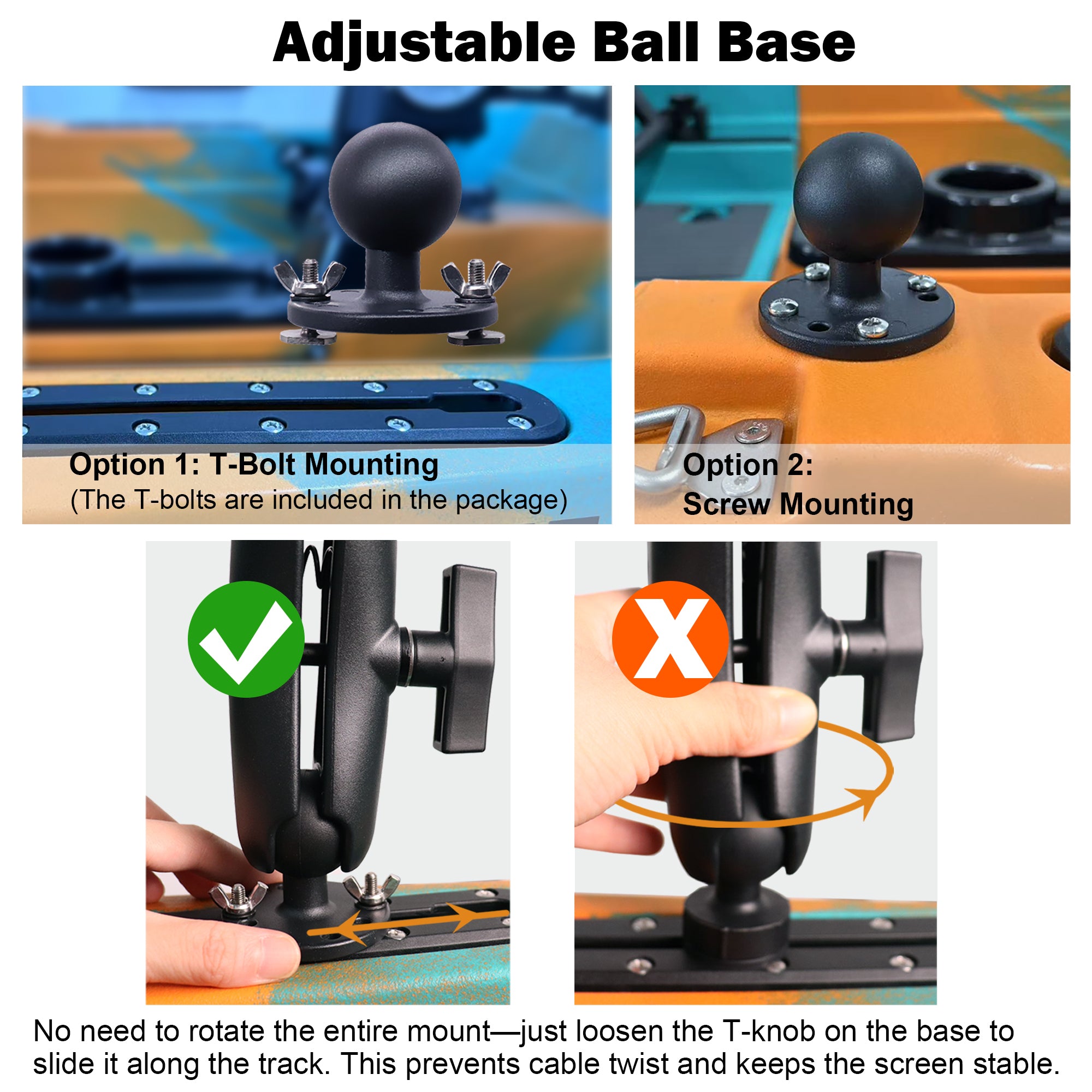 23.6" Long Transducer Pole Mount for Kayak, Transducer Pole with T-Bolt Track Ball Base and Double Socket Arm, Adjustable Transducer Arm for Boat, Compatible with Garmin, Lowrance