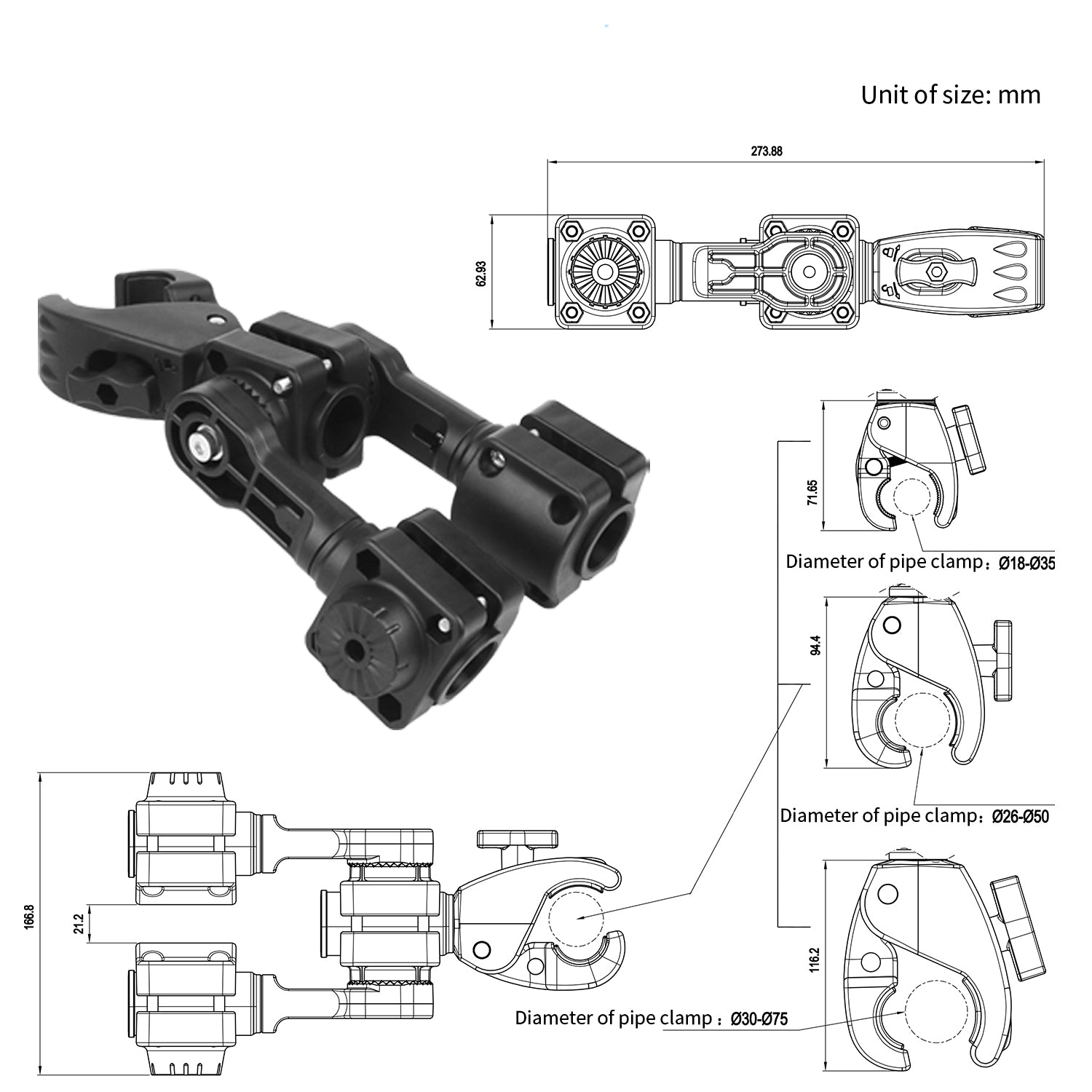 0 Degree Pole Mount with Clamp, Compatible with Garmin LiveScope Plus LVS34, Replaces 010-13228-03 (Double Mounts)