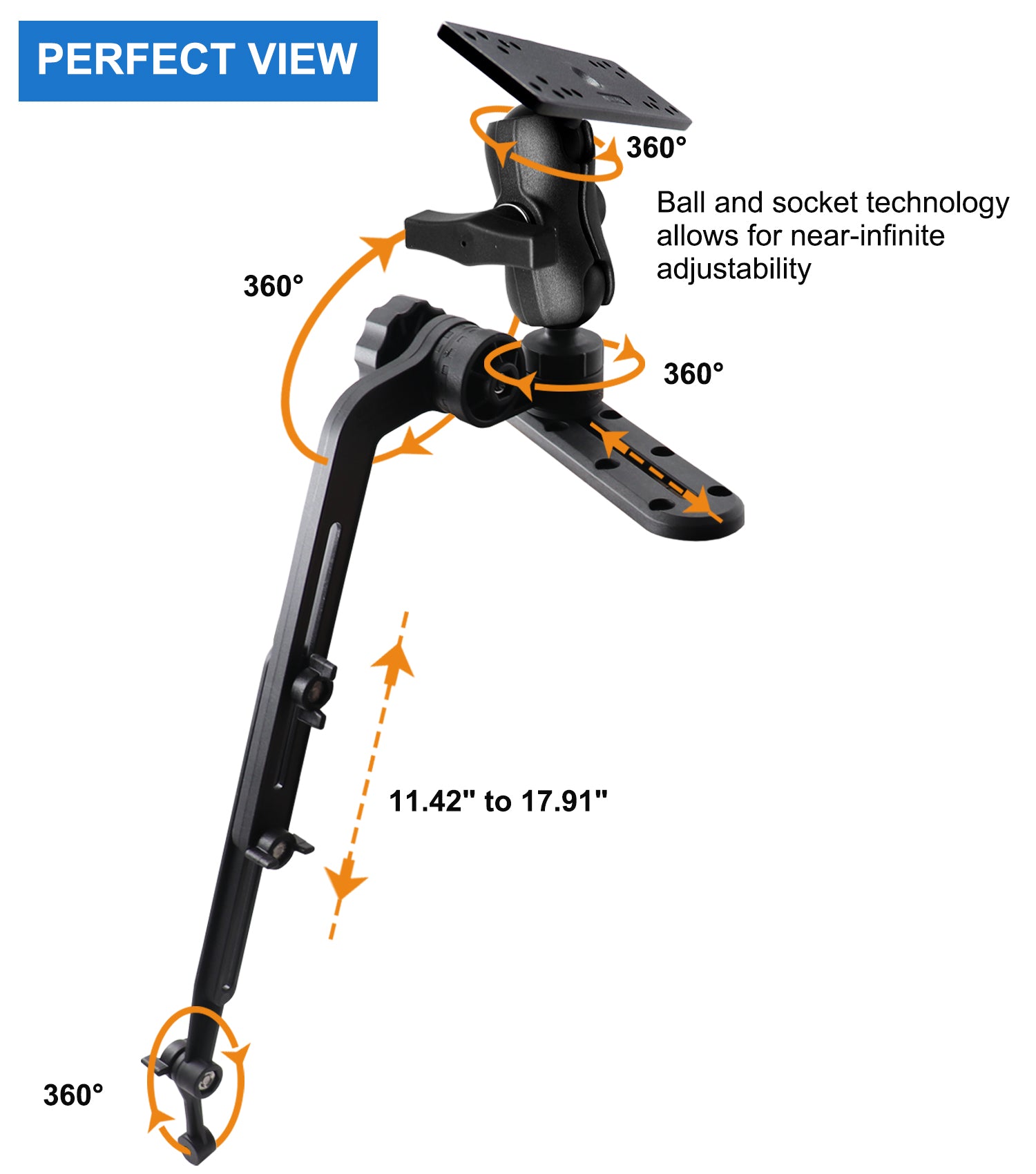 1.5" Ball Kayak Fish Finder Mount with Short Transducer Mounting Arm