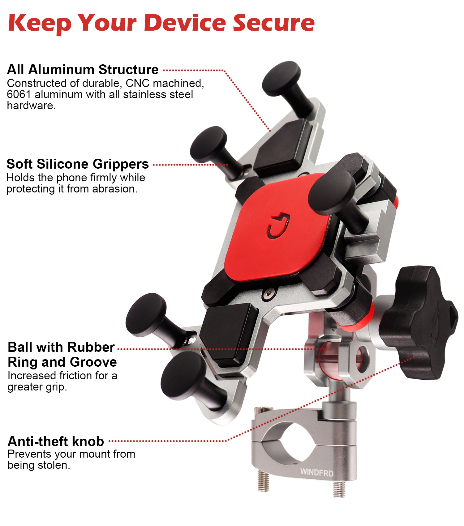 WINDFRD Metal Motorcycle Phone Mount, Smartphone Mounts, Rock Solid and Anti-Theft