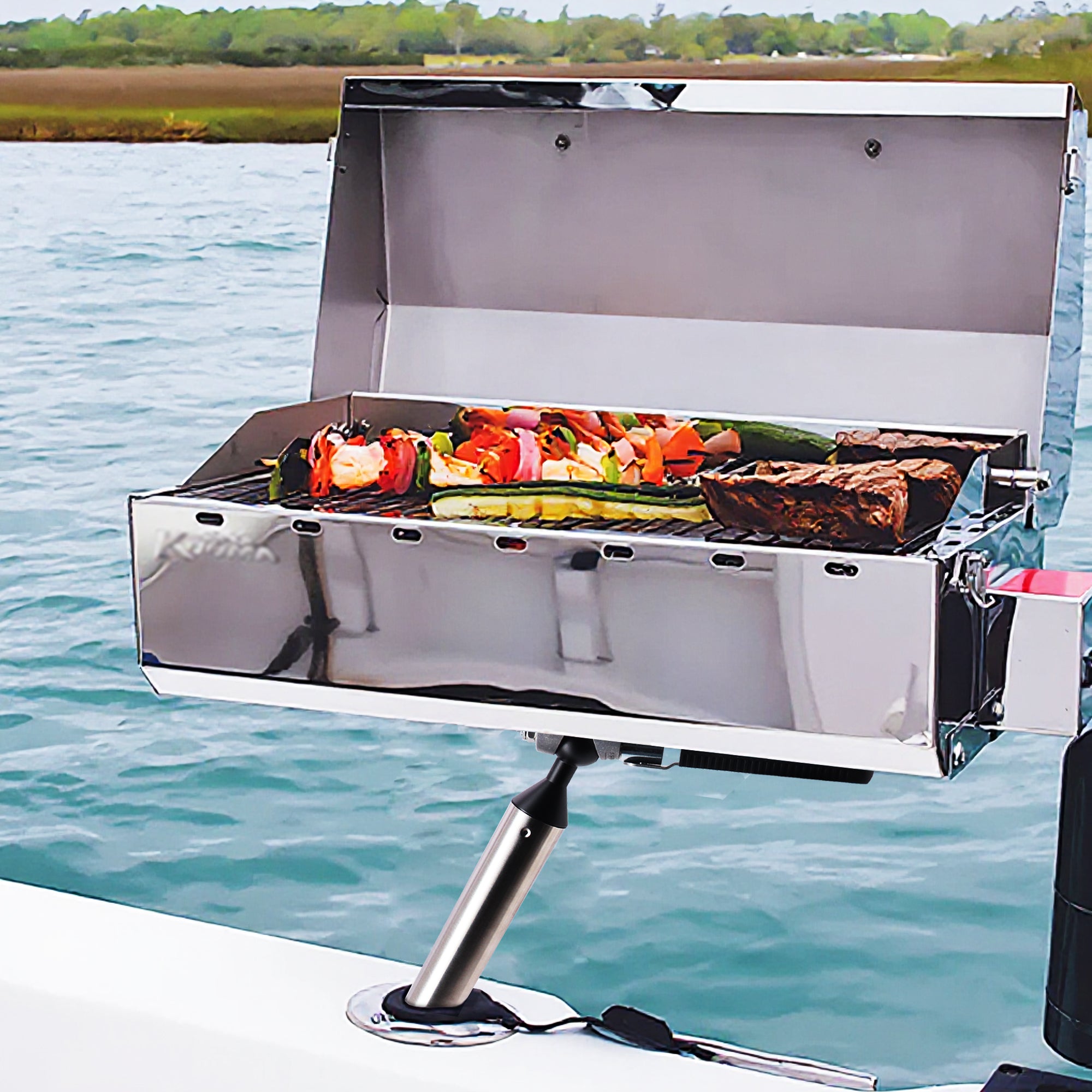 Stainless Steel Rod Holder Grill Mount for Boat & Fishing BBQ/Barbecue, Compatible with Magma Marine Rectangular Grills & Tables, Saltwater Corrosion