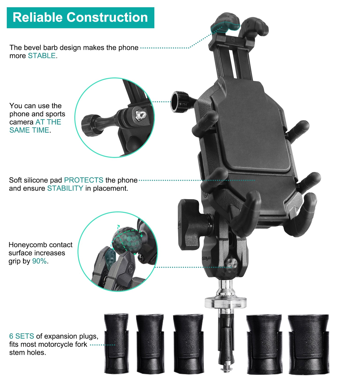 Support de téléphone pour moto anti-vibrations avec base à fourche 