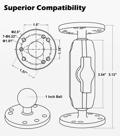 Support à double boule en aluminium de 1" 