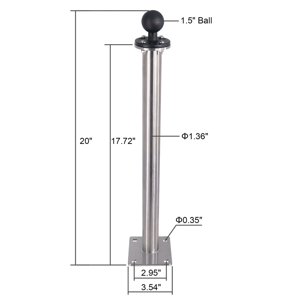 All Stainless steel 1.5" Ball Mount Base with 17" Long Arm, C Size Ball Adapter for Tablets/Fish Finders (Metallic)