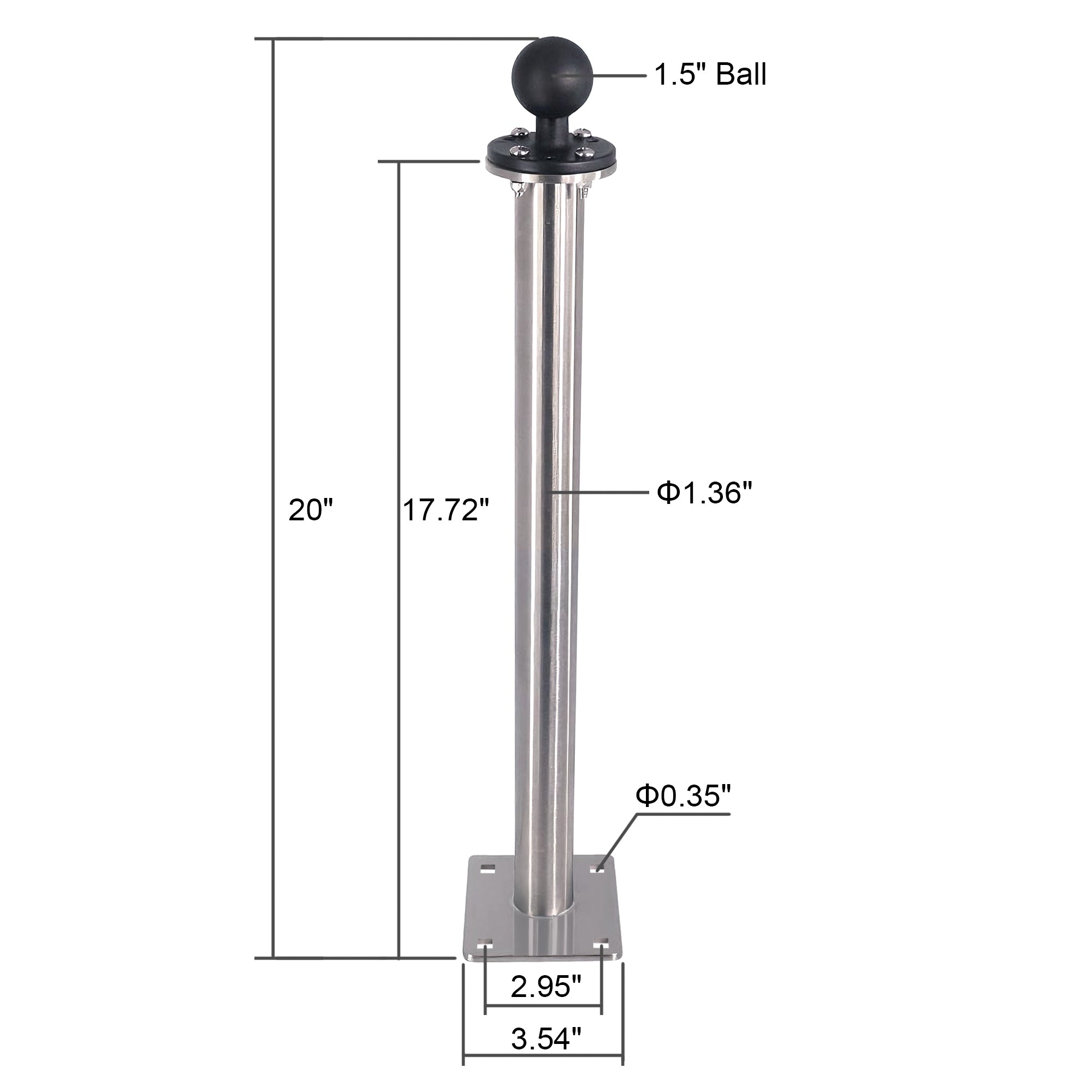 All Stainless steel 1.5" Ball Mount Base with 17" Long Arm, C Size Ball Adapter for Tablets/Fish Finders (Metallic)