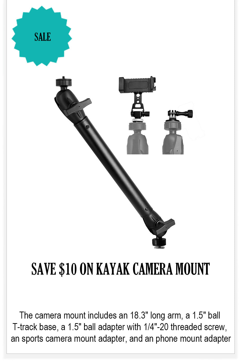Kayak Camera Mount with 1.5" Track Ball & Extended Arm
