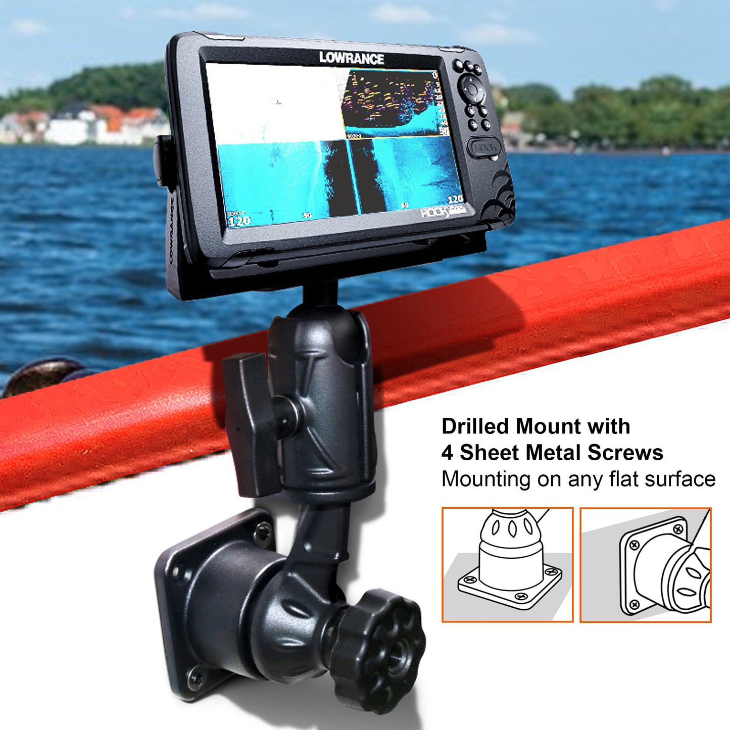 All Aluminium Fish Finder Mount with 1.5" / C Size Ball, Reinforced Arm Marine Electronic Mount, Compatible with Garmin, Lowrance and More Depth Finder(Flat Mounting)