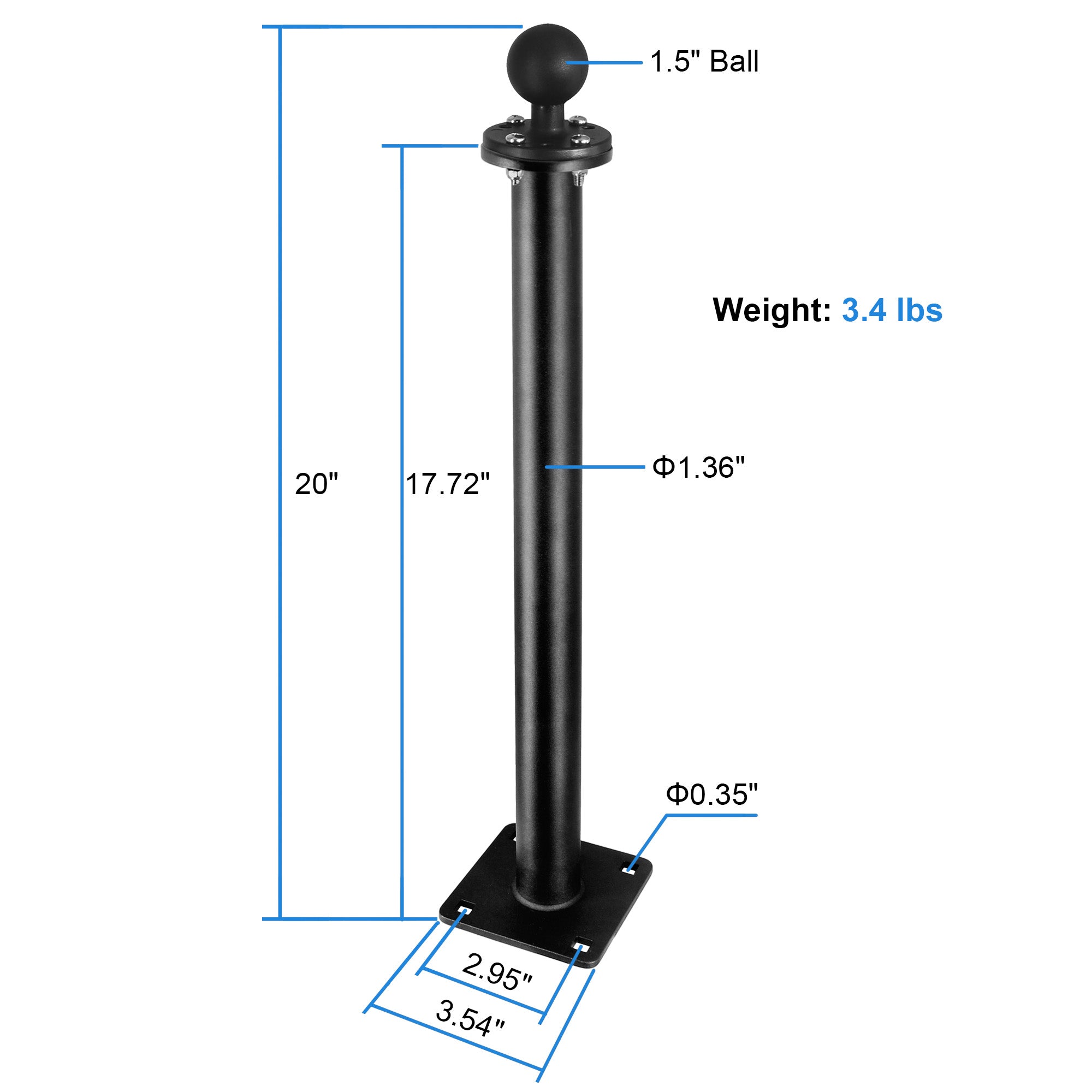 All Stainless steel 1.5" Ball Mount Base with 17" Long Arm, C Size Ball Adapter for Tablets/Fish Finders (Black)