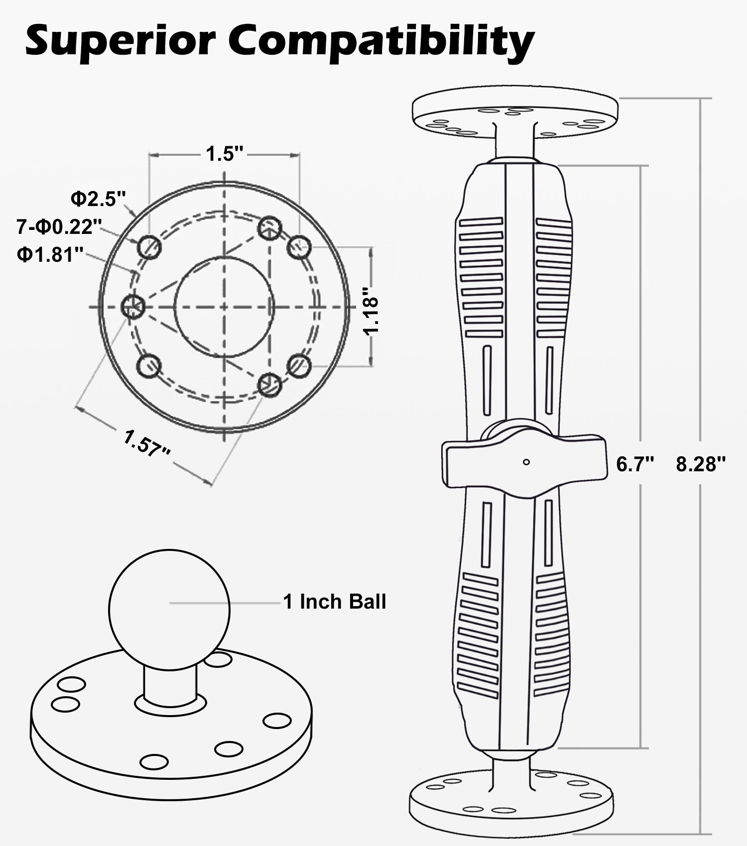 1" Double Ball Mount with Two AMPS Round Plates, Long(17cm/6.7'') Arm with 1 inch / 25mm / B Size Ball Adapters
