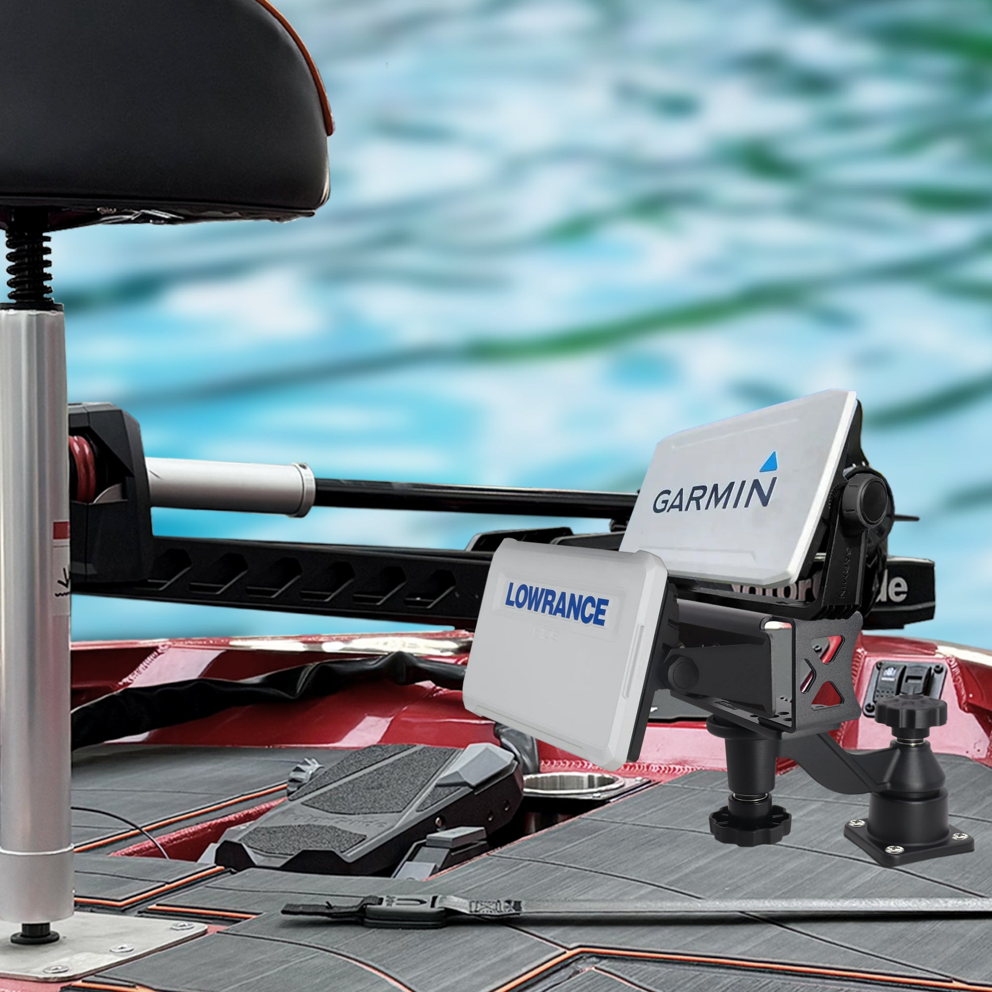 Aluminum Dual Fish Finder Mount, Marine Electronics Mount with Reinforced Adjustable Arm for 5"-10" Dual Fish Finder Screen, Compatible with Garmin, Lowrance, Humminbird and More