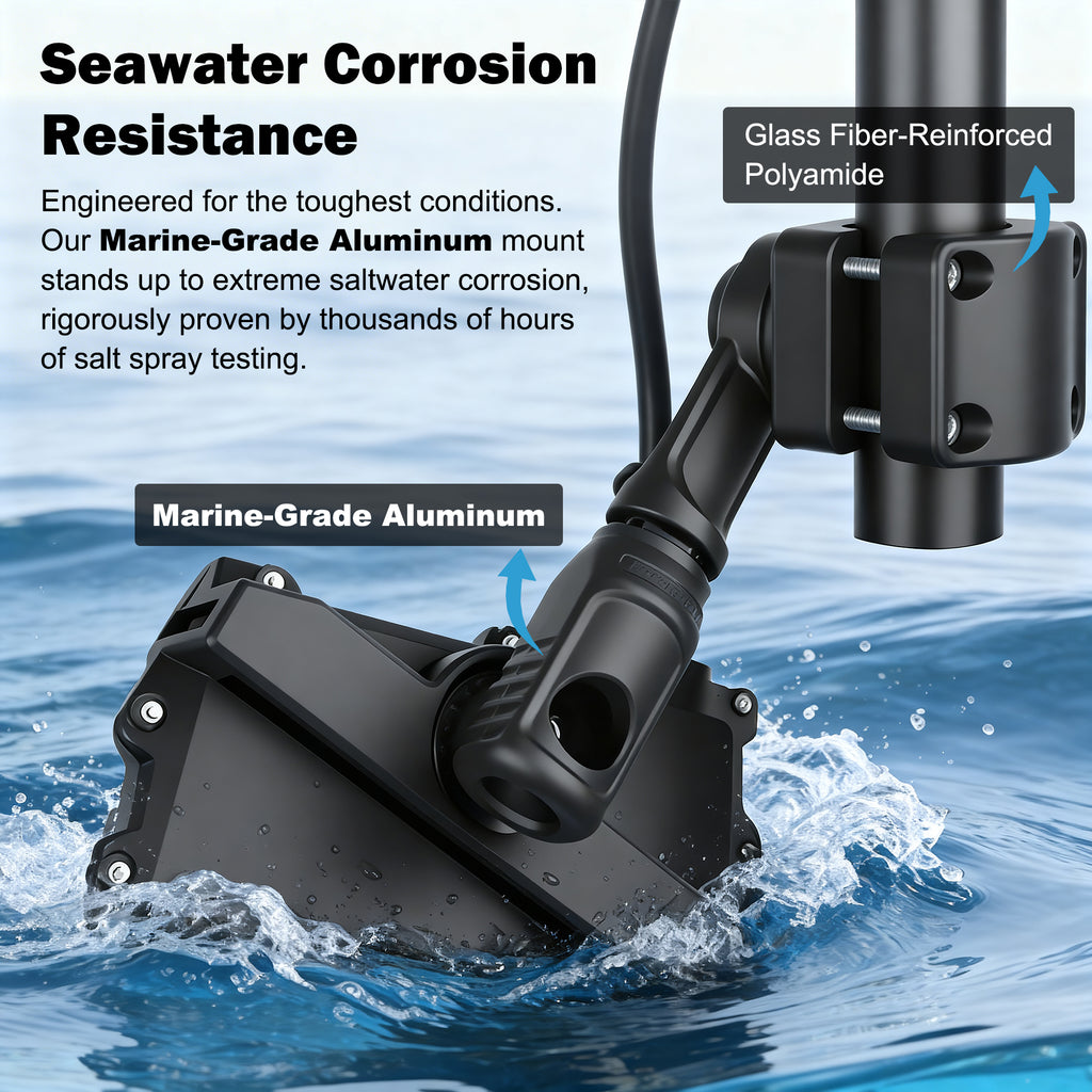 0-Degree Transducer Pole Mount Compatible with Garmin LiveScope LVS34 LVS32 LVS62 & Lowrance AT2, Hard-Anodized Cast Aluminum, Tool-Free 3-View Mode Adjustment Trolling Motor Bracket (Solo)