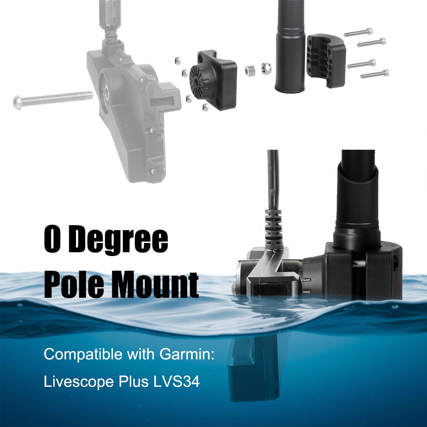 Ice Fishing Transducer Pole Mount with 0 Degree Mount for Garmin LVS34, Compatible with C-Size Double Socket Arms