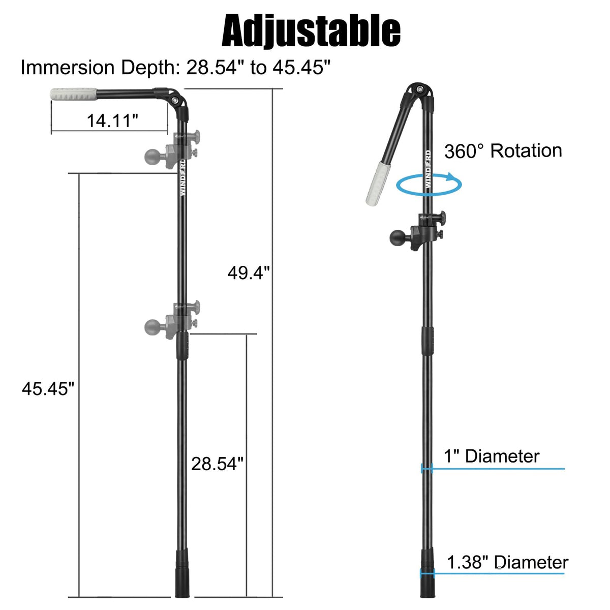 Universal Live Scope Transducer FFS Pole with 1.5" Ball, DIY Pole
