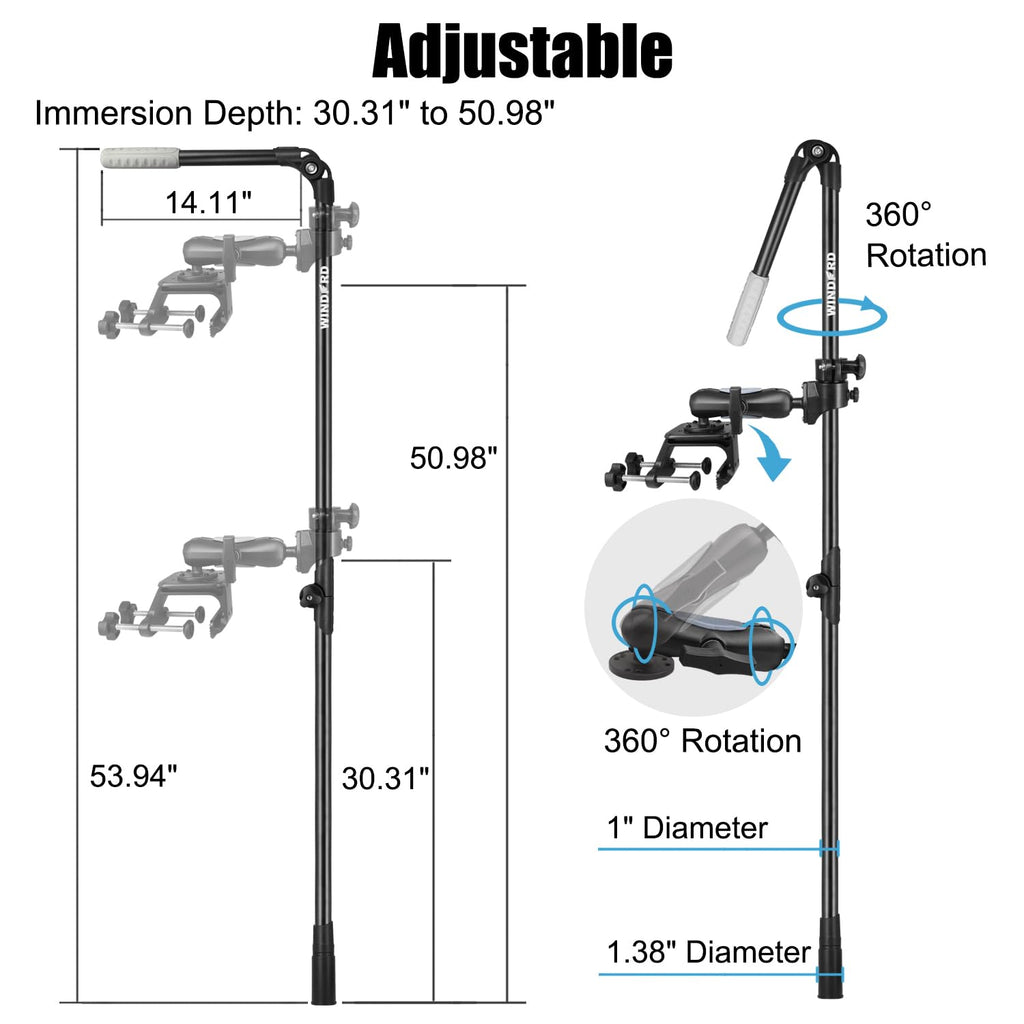 Folding FFS Live Sonar Transducer Pole System with Aluminum C-Clamp, Foldable Travel Design