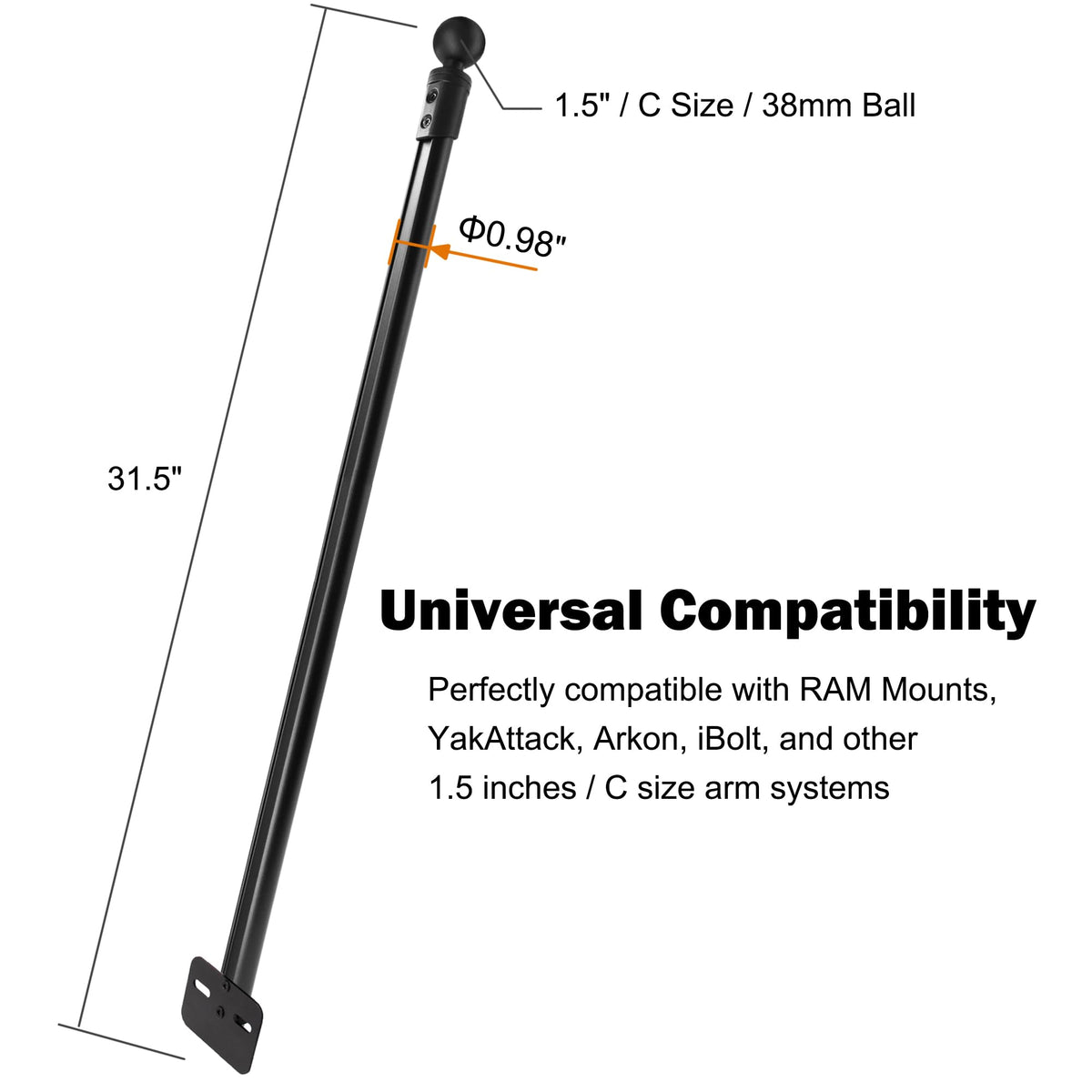 WINDFRD Transducer Mount Extension Pole with 1.5" Ball for Kayak Boat