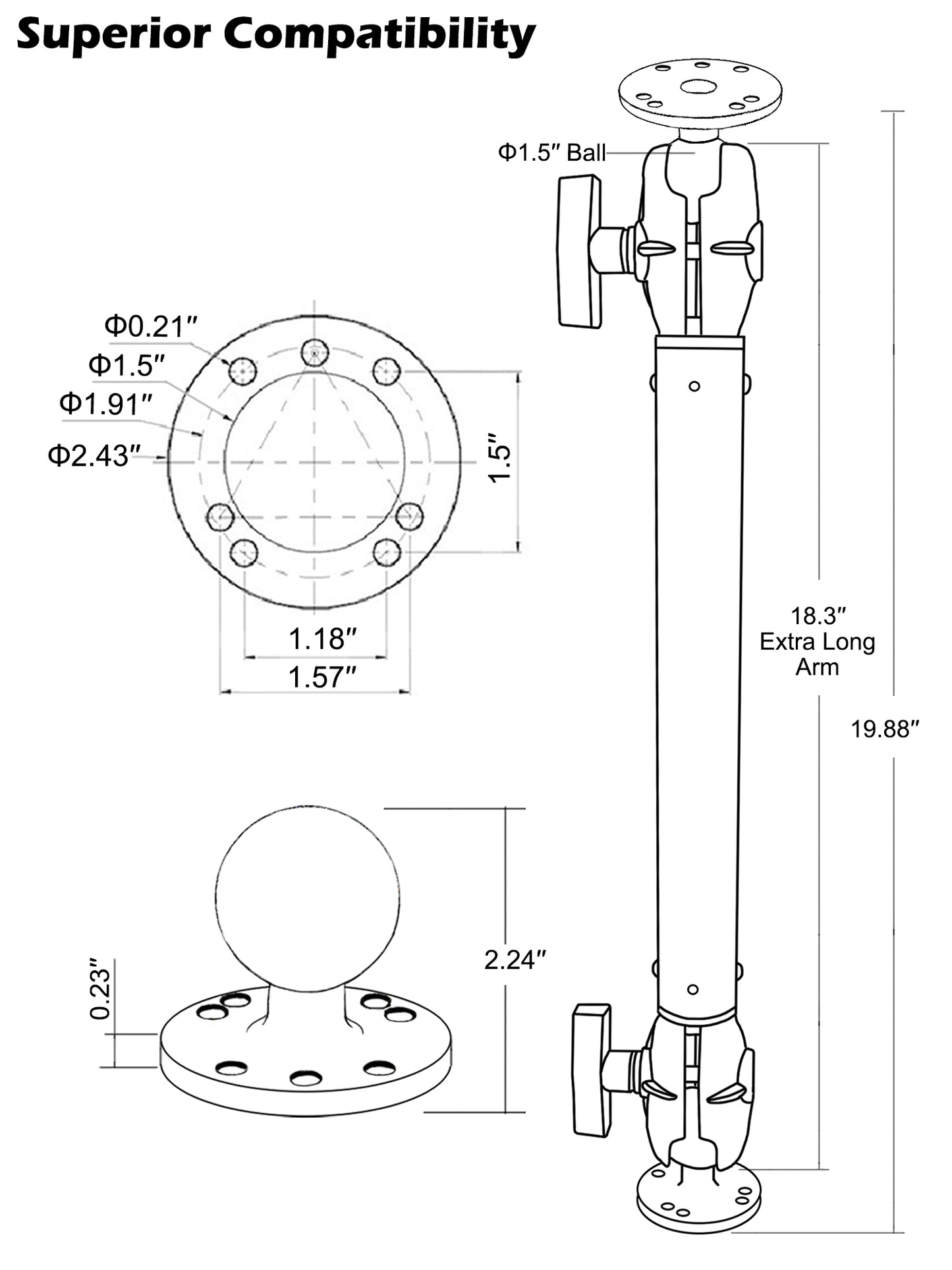 Support à double rotule en aluminium de 1,5" (taille C) avec bras d'extension (18,3"), support pour tablette/sondeur, bras à double douille avec deux plaques rondes AMPS, compatible avec RAM, Arkon, iBolt et plus encore.