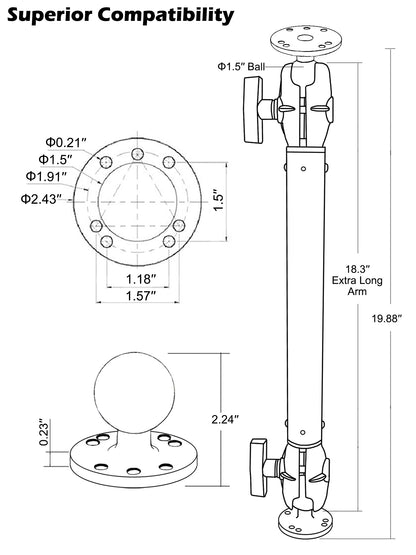 Support à double rotule en aluminium de 1,5" (taille C) avec bras d'extension (18,3"), support pour tablette/sondeur, bras à double douille avec deux plaques rondes AMPS, compatible avec RAM, Arkon, iBolt et plus encore.
