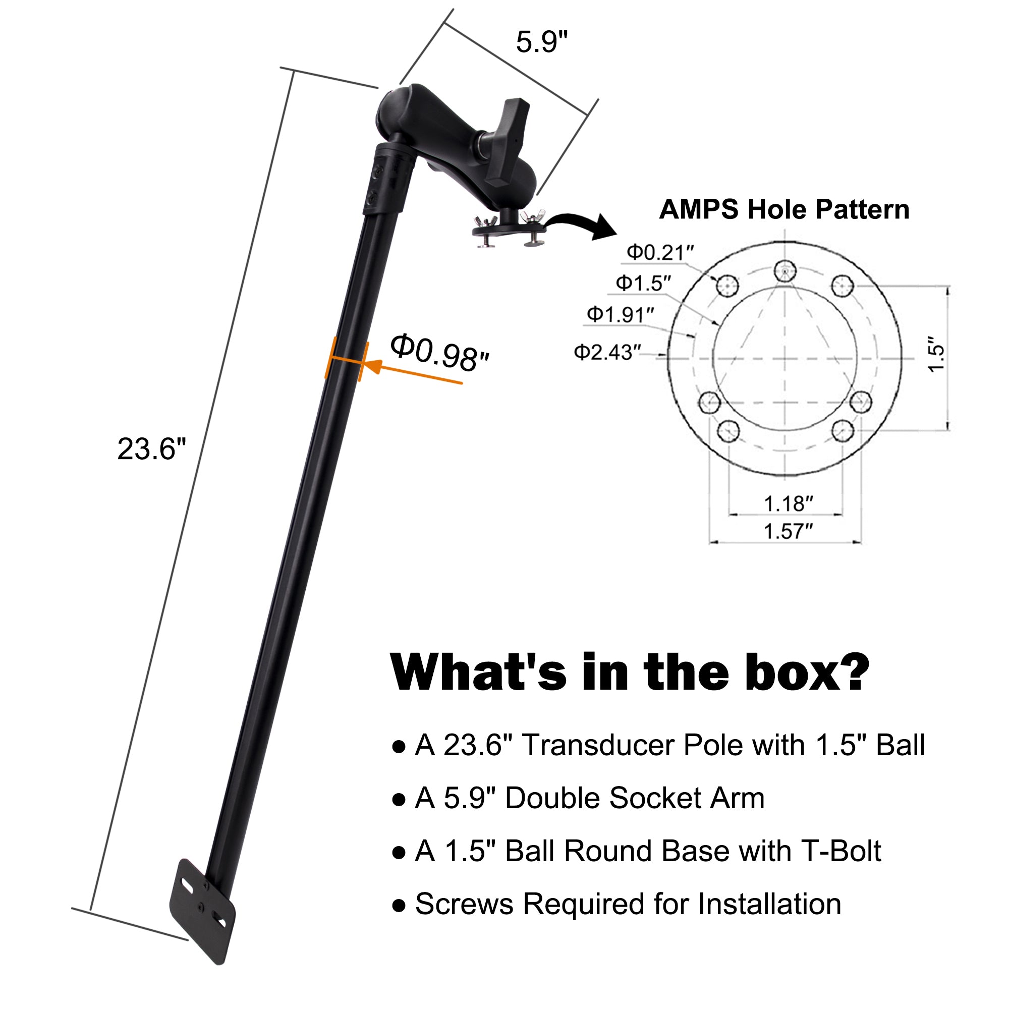 23.6" Long Transducer Pole Mount for Kayak, Transducer Pole with T-Bolt Track Ball Base and Double Socket Arm, Adjustable Transducer Arm for Boat, Compatible with Garmin, Lowrance
