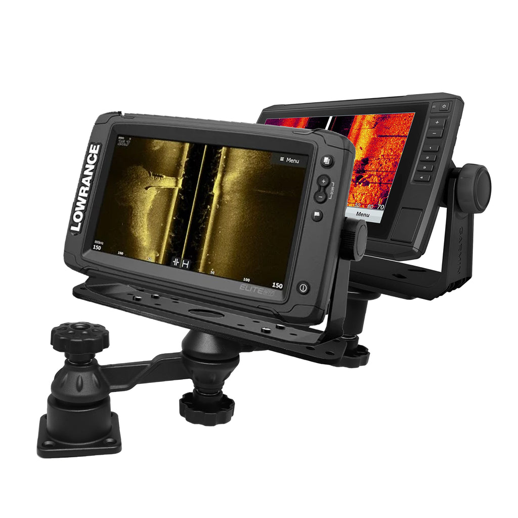 Aluminum Dual-Screen Fish Finder Mount, Two Device Mount Plates with Reinforced Dual-joint Adjustable Arm for 5"-10" Depth Finder Display, Compatible with Garmin, Lowrance, Humminbird and More