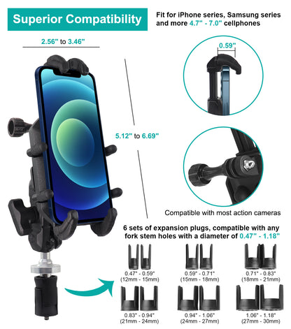 Vibration Dampening Motorcycle Phone Mount with Fork Stems Base