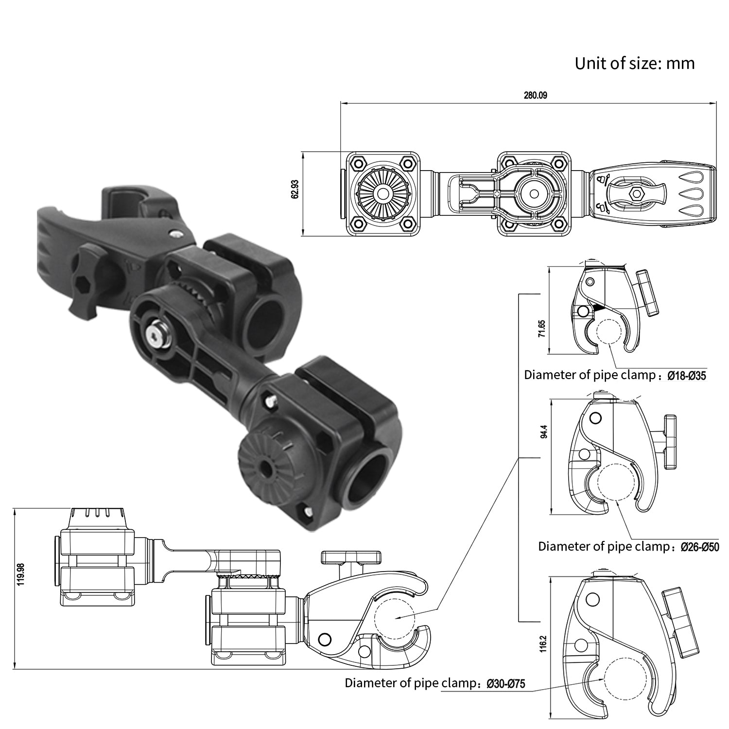 0 Degree Pole Mount with Clamp, Compatible with Garmin LiveScope Plus LVS34, Replaces 010-13228-03