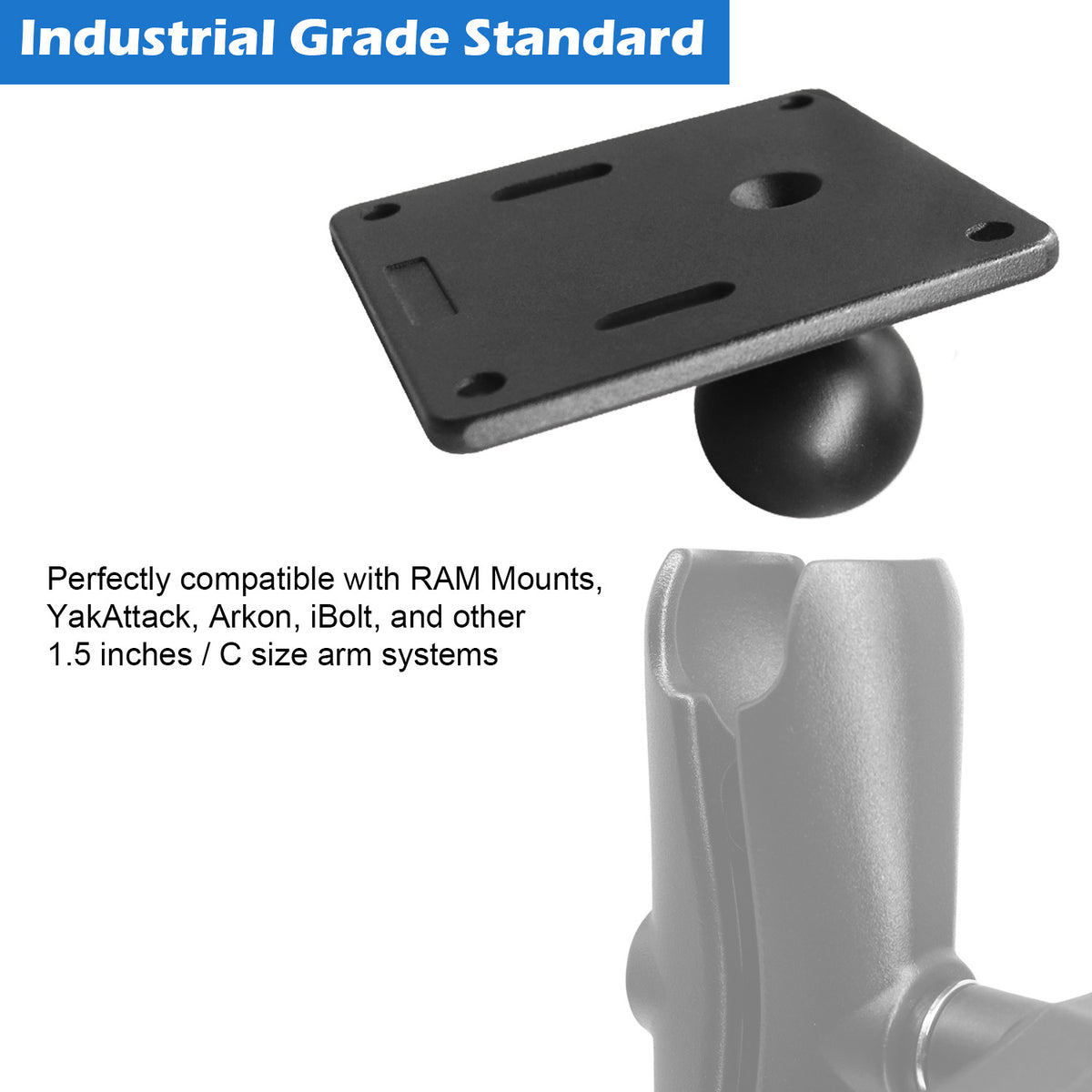 Aluminum 75x75mm VESA Plate with 1.5"/C Size Ball, Industrial Monitor/Television Mount Base for Truck, Compatible with Ram Mounts, iBOLT and More C Size Double Socket Arm Accessories
