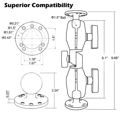 1.5" Double Ball Mount with Two AMPS Round Plates, Tablet, Fish Finder Mount, Double Socket Swivel Ratchet Arm with 1.5 inches / 38mm / C Size Ball, Compatible with RAM, Arkon, iBolt and More
