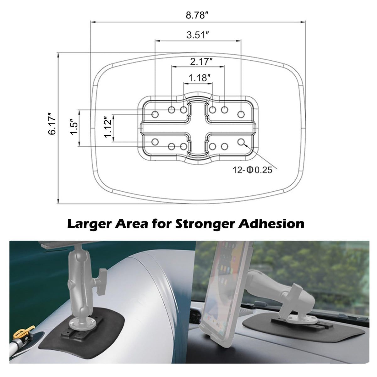 WINDFRD Self-Adhesive Industrial Rubber Pad for Inflatable Boat/Kayak/Paddle Board, Compatible with 1"/1.5" Ball Base and Kayak Track Accessories, No-Drill Fish Finder Mount Base
