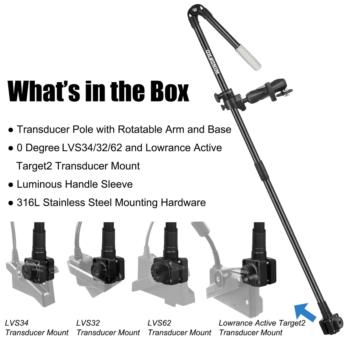 WINDFRD Livescope Transducer Pole Mount for Boat/Kayak, 4 in 1