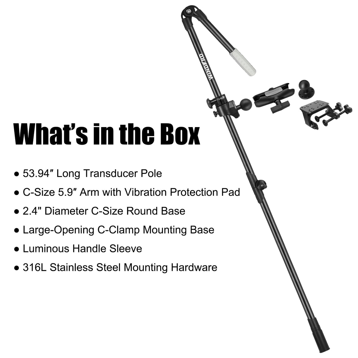 Folding FFS Live Sonar Transducer Pole System with Aluminum C-Clamp, Foldable Travel Design