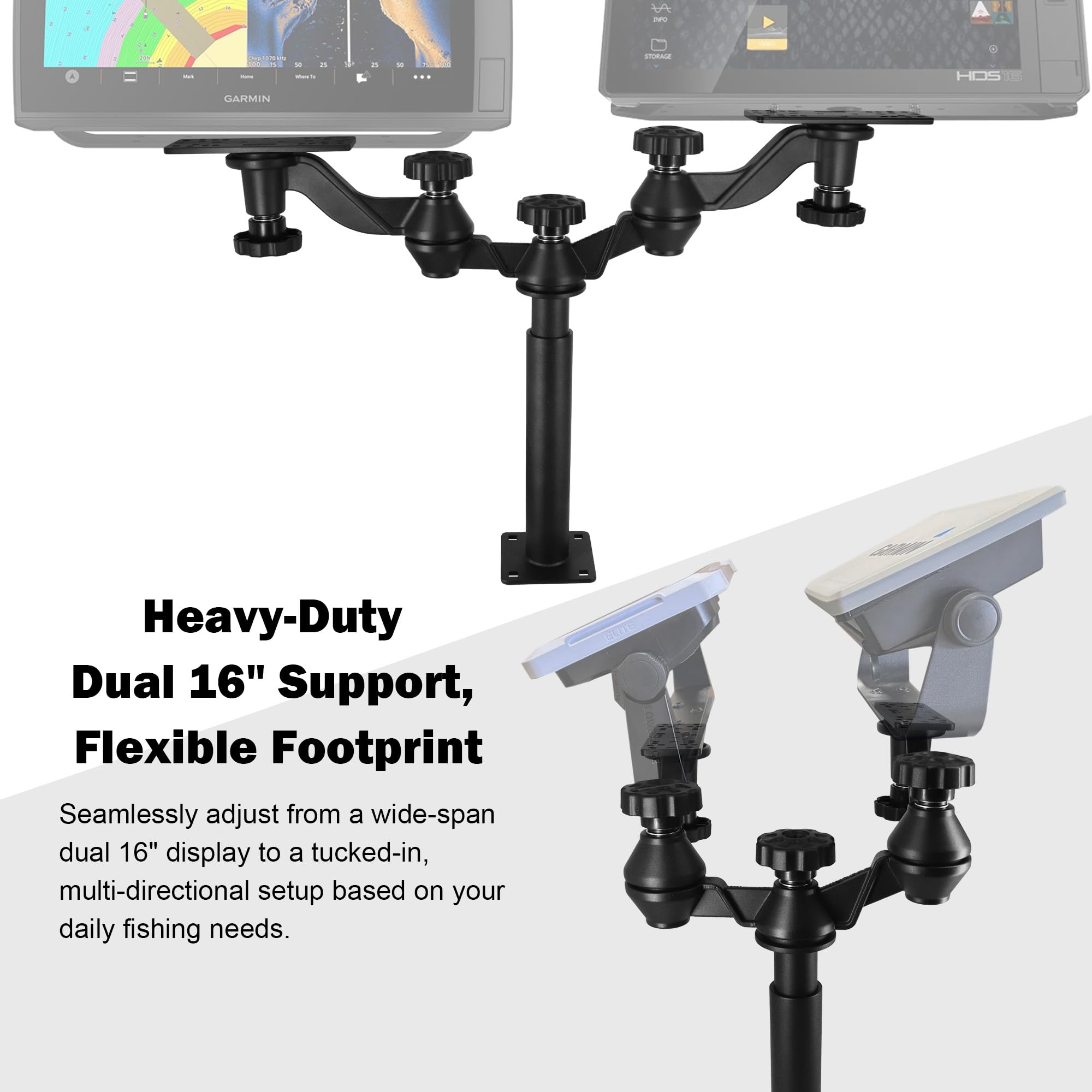 WINDFRD Dual Fish Finder Mount with Dual-Joint Adjustable Arm, Heavy Duty Height-Adjustable Tall Bow Mount for Bass Boat/Boat, Max Load 110lbs, Compatible with Garmin, Lowrance, Humminbird - image 4