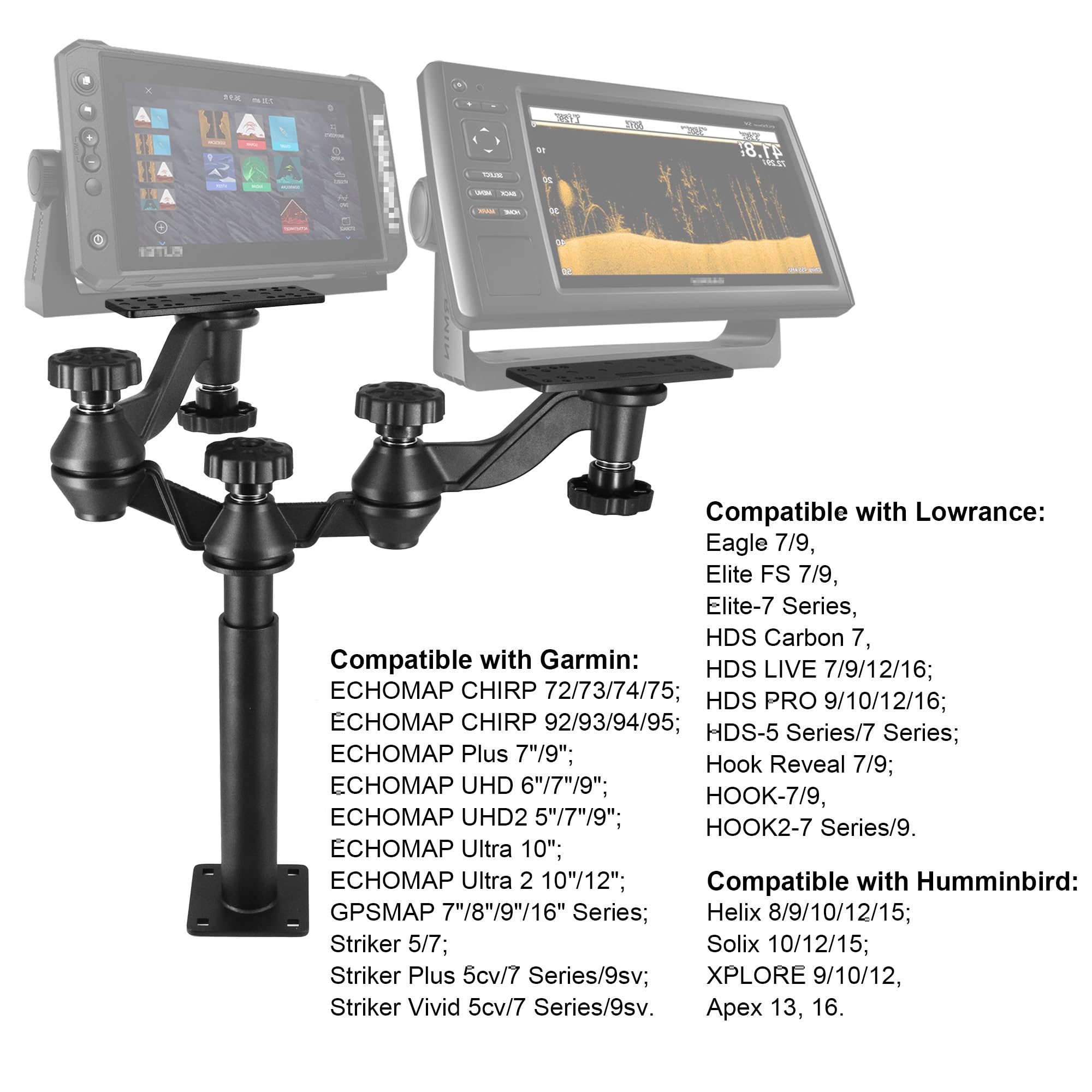 WINDFRD Dual Fish Finder Mount with Dual-Joint Adjustable Arm, Heavy Duty Height-Adjustable Tall Bow Mount for Bass Boat/Boat, Max Load 110lbs, Compatible with Garmin, Lowrance, Humminbird - image 6