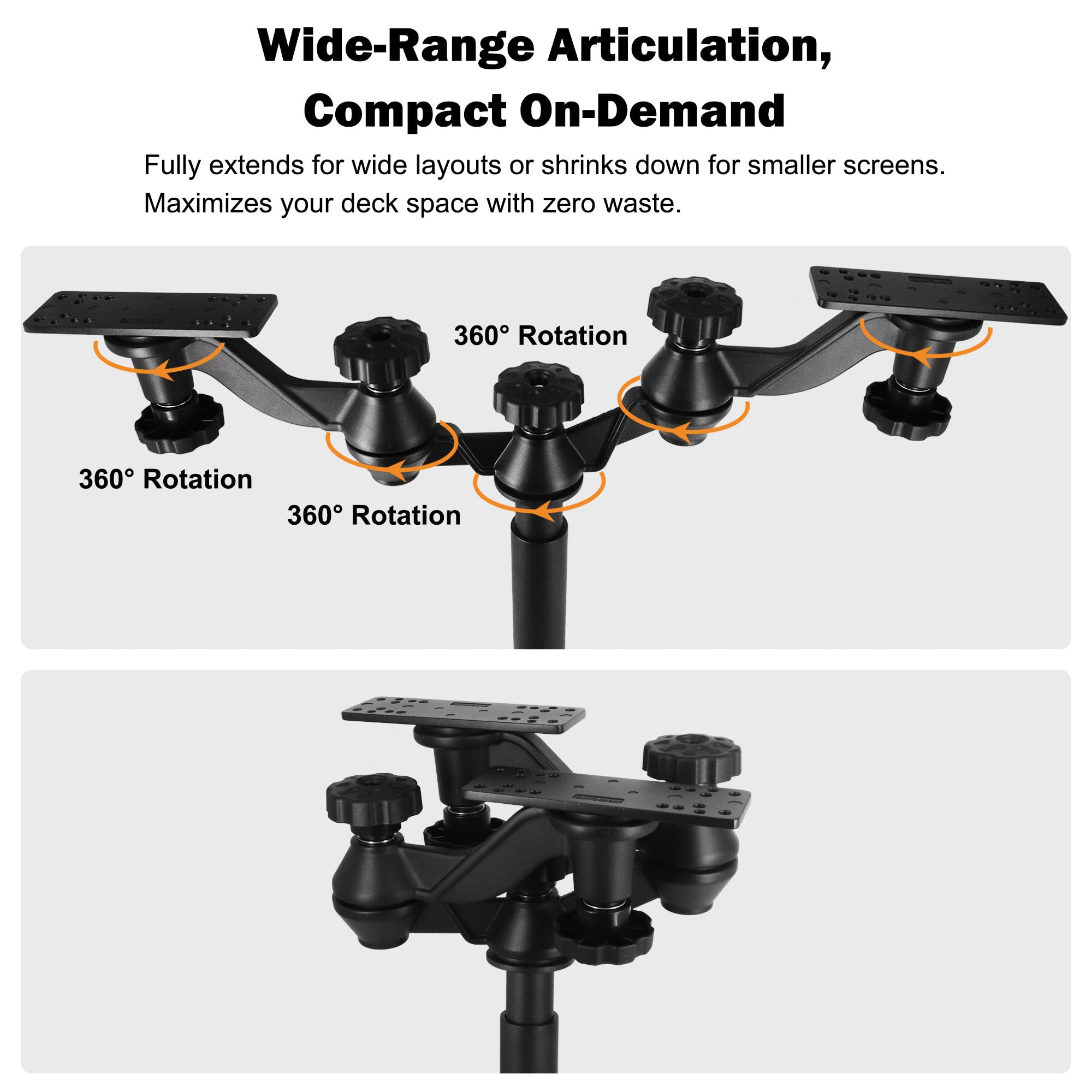 WINDFRD Dual Fish Finder Mount with Dual-Joint Adjustable Arm, Heavy Duty Height-Adjustable Tall Bow Mount for Bass Boat/Boat, Max Load 110lbs, Compatible with Garmin, Lowrance, Humminbird - image 7