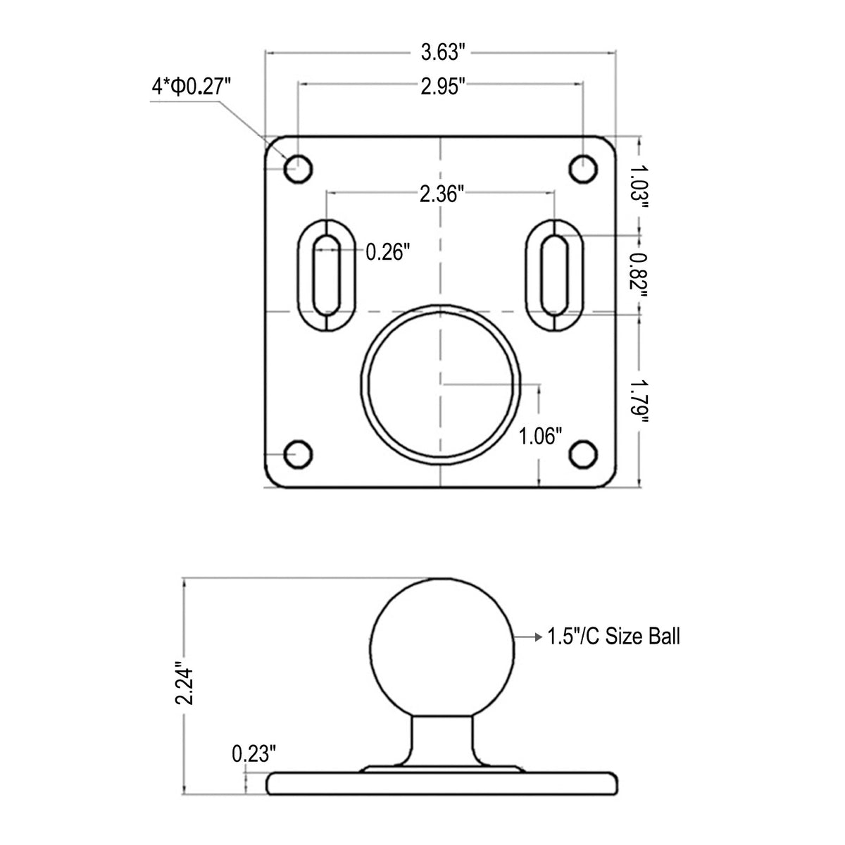 Aluminum 75x75mm VESA Plate with 1.5"/C Size Ball, Industrial Monitor/Television Mount Base for Truck, Compatible with Ram Mounts, iBOLT and More C Size Double Socket Arm Accessories
