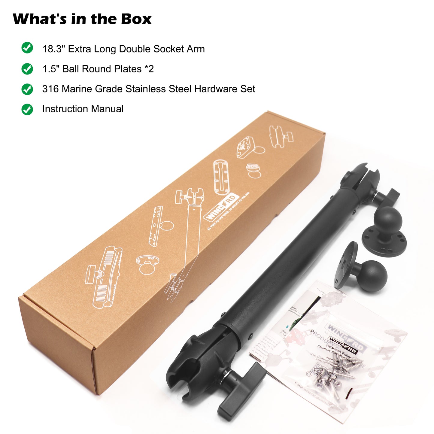 Support à double rotule en aluminium de 1,5" (taille C) avec bras d'extension (18,3"), support pour tablette/sondeur, bras à double douille avec deux plaques rondes AMPS, compatible avec RAM, Arkon, iBolt et plus encore.