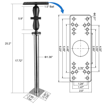 WINDFRD All 304 Stainless Steel and Aluminum Fish Finder Mount with 17" Long Shaft and 1.5" Ball/C Size 5.9" Adjustable Arm, Marine Electronic/Depth Finder Mount, Compatible with Garmin, Lowrance, Humminbird and More