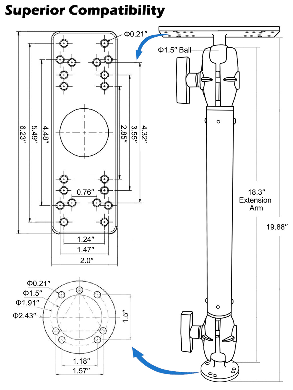 1.5" Ball Fish Finder Mount with 18.3" Arm