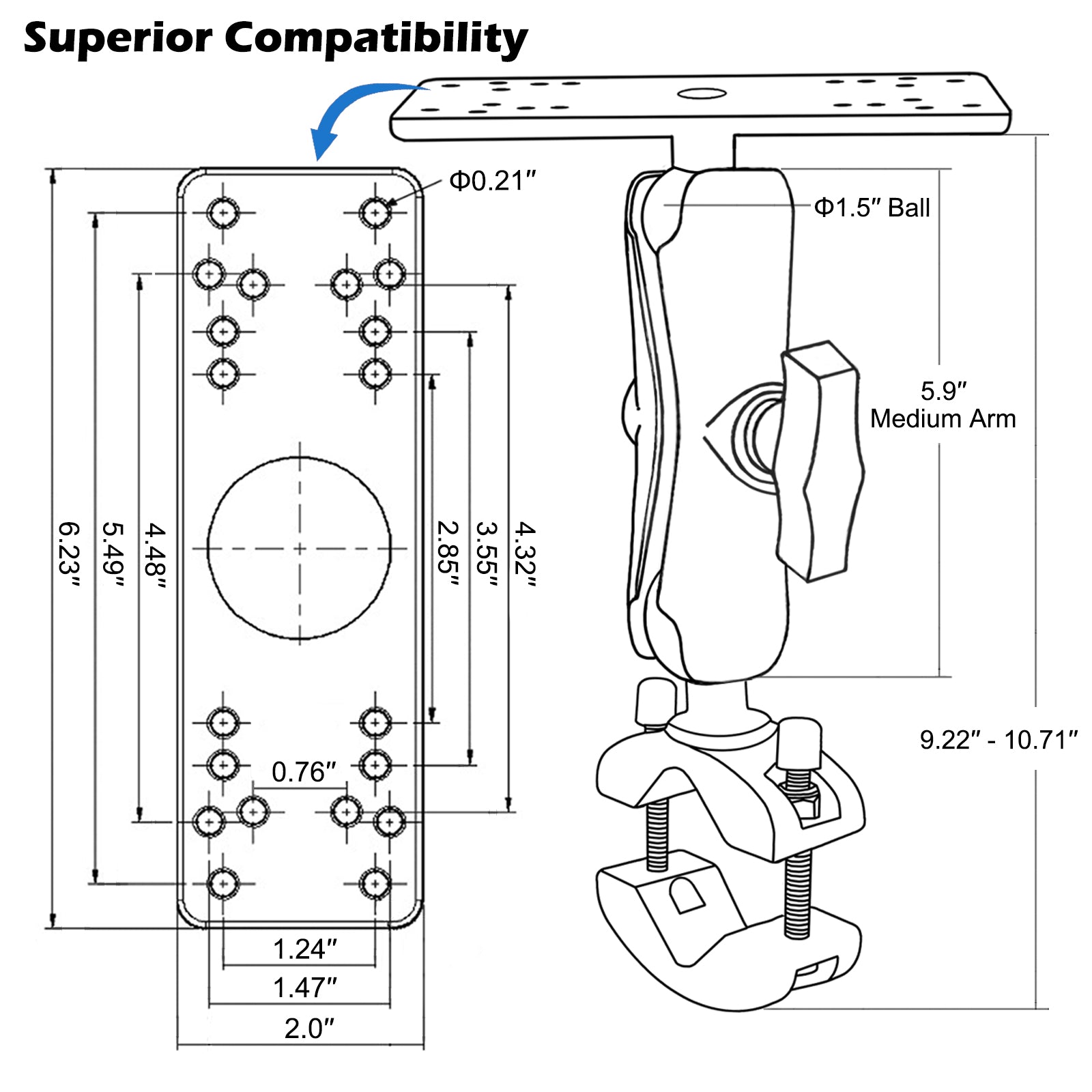 1.5" Ball Aluminum Fish Finder Mount with Clamp Mount Base for Rails 1.18'' to 2'' in Diameter