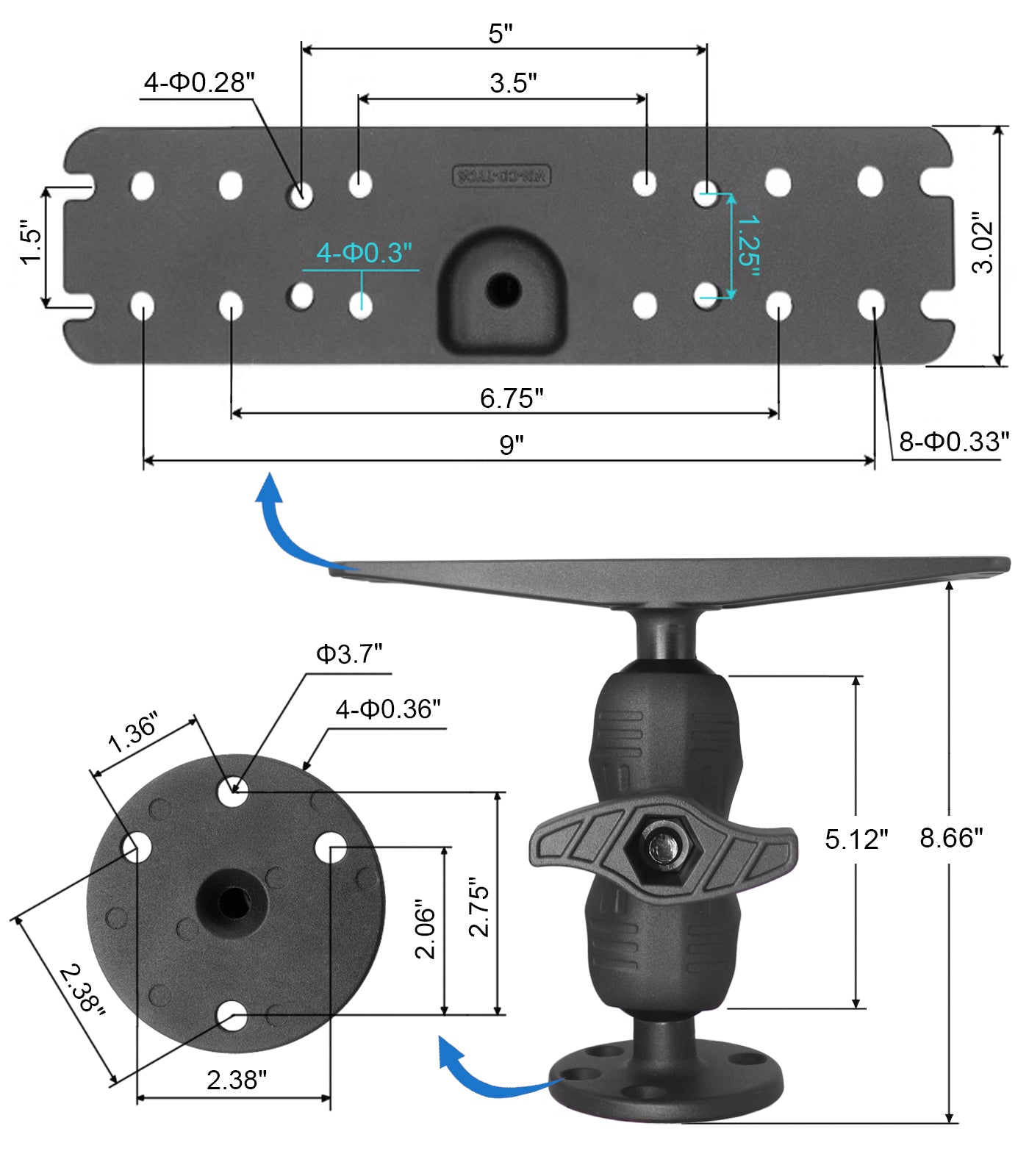 WINDFRD 2.25"/D Size Fish Finder Mount for 9" to 12" Large Fishfinder with Wrench, Super Load-Bearing Marine Electronic Mount, Compatible with Garmin, Lowrance, Humminbird and More